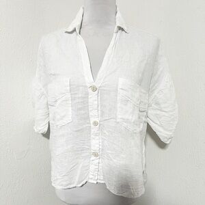 Zara Women's Large Linen Short Sleeve Button Up Shirt Flowy Beachy White EUC